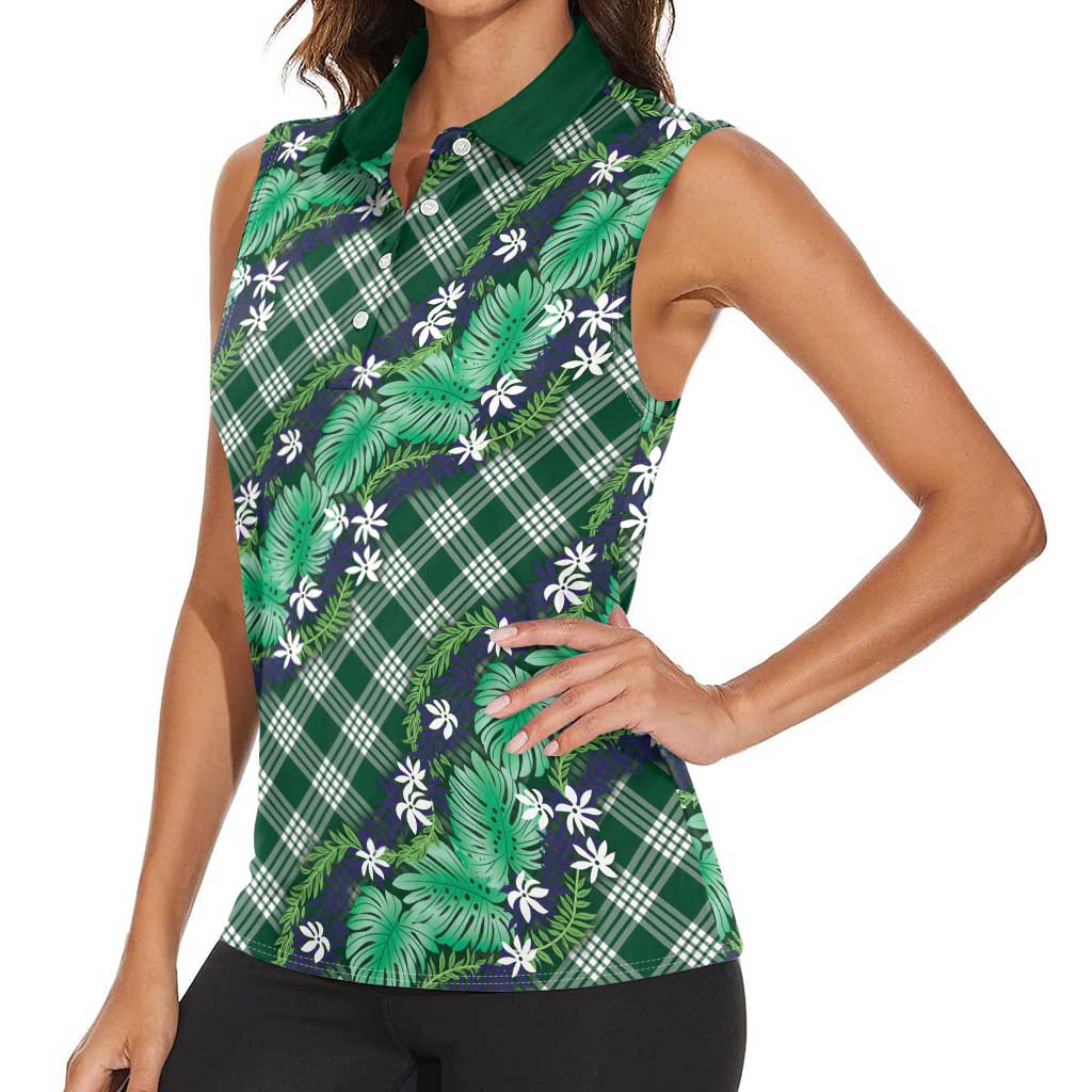 Polynesian Monstera Tiare Floral Women Sleeveless Polo Shirt Forest Green Tropical Plaid LT01 - Polynesian Pride