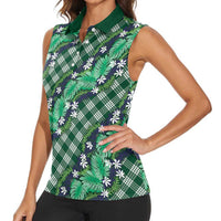 Polynesian Monstera Tiare Floral Women Sleeveless Polo Shirt Forest Green Tropical Plaid LT01 - Polynesian Pride