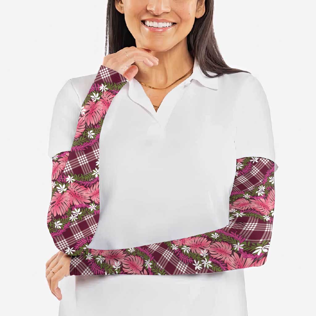Polynesian Monstera Tiare Floral Arm Sleeves Fuchsia Tropical Plaid - Polynesian Pride