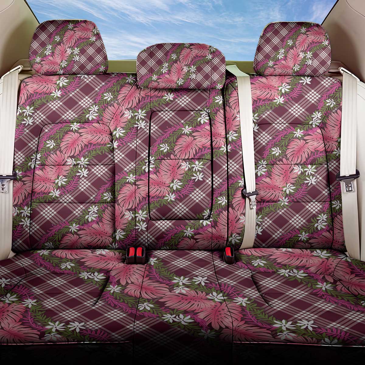 Polynesian Monstera Tiare Floral Back Car Seat Cover Fuchsia Tropical Plaid LT01 One Size Pink - Polynesian Pride