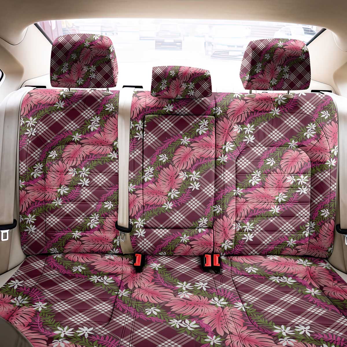 Polynesian Monstera Tiare Floral Back Car Seat Cover Fuchsia Tropical Plaid LT01 - Polynesian Pride