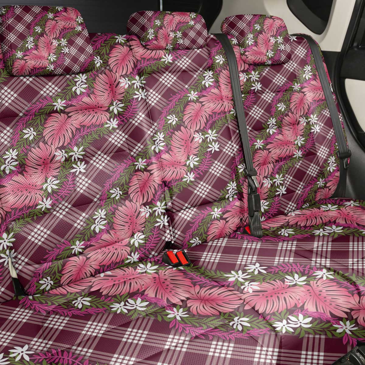 Polynesian Monstera Tiare Floral Back Car Seat Cover Fuchsia Tropical Plaid LT01 - Polynesian Pride
