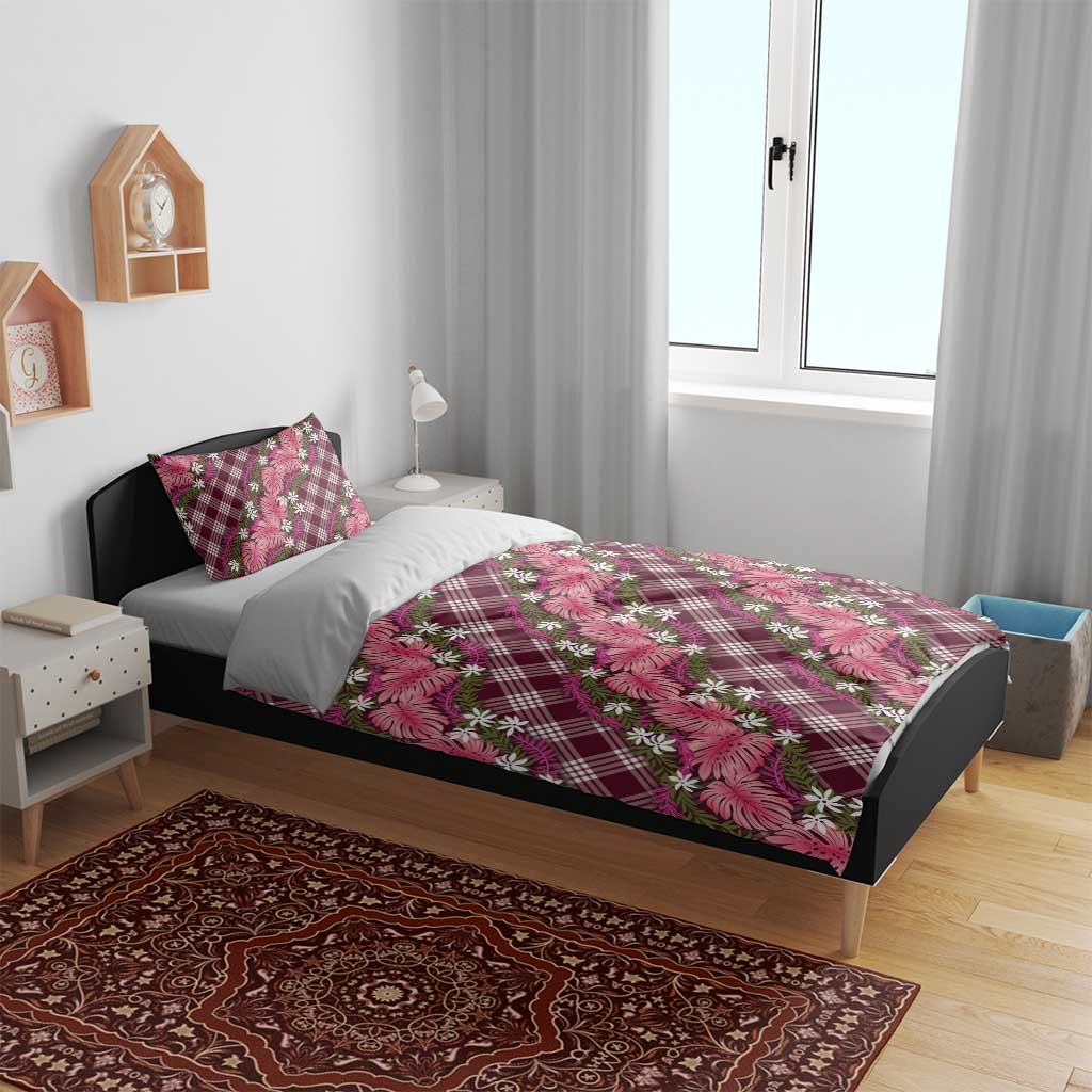 Polynesian Monstera Tiare Floral Bedding Set Fuchsia Tropical Plaid - Polynesian Pride