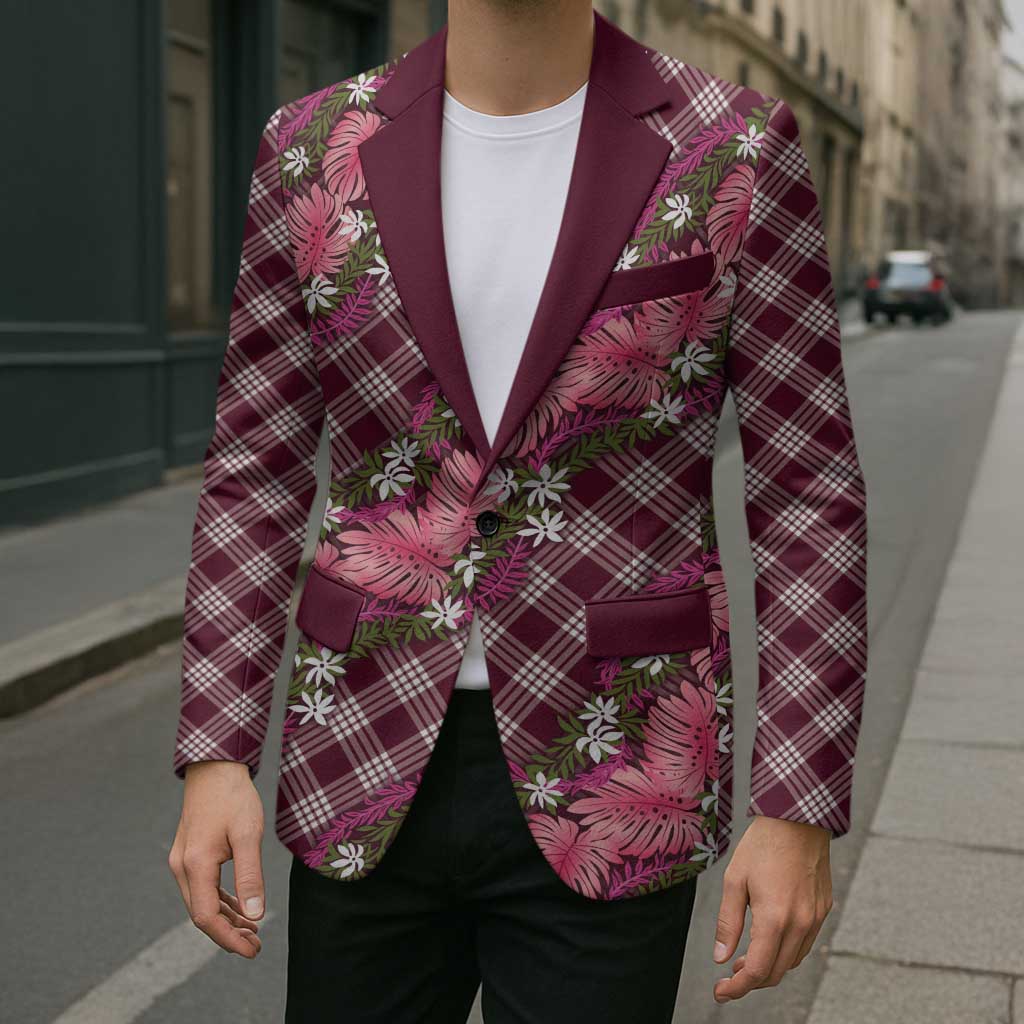 Polynesian Monstera Tiare Floral Blazer Fuchsia Tropical Plaid - Polynesian Pride
