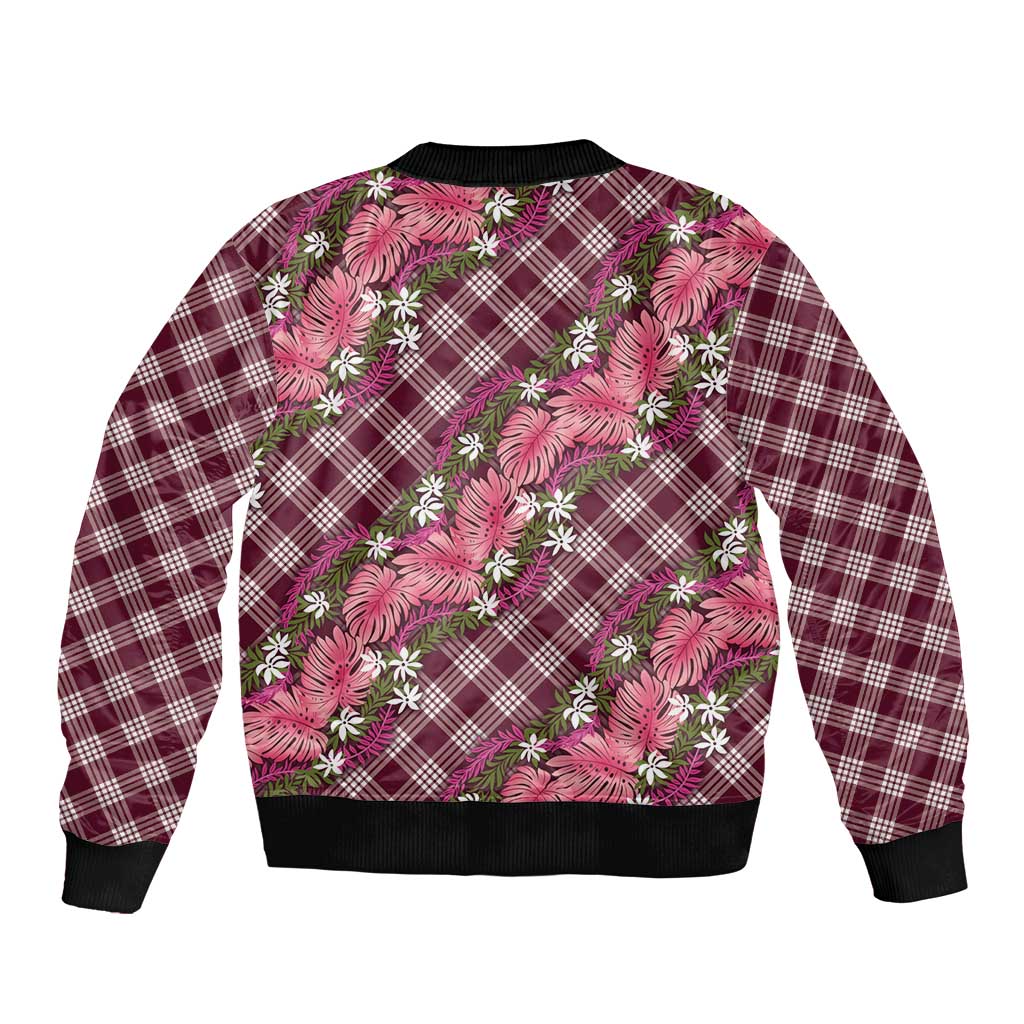 Polynesian Monstera Tiare Floral Bomber Jacket Fuchsia Tropical Plaid LT01 - Polynesian Pride