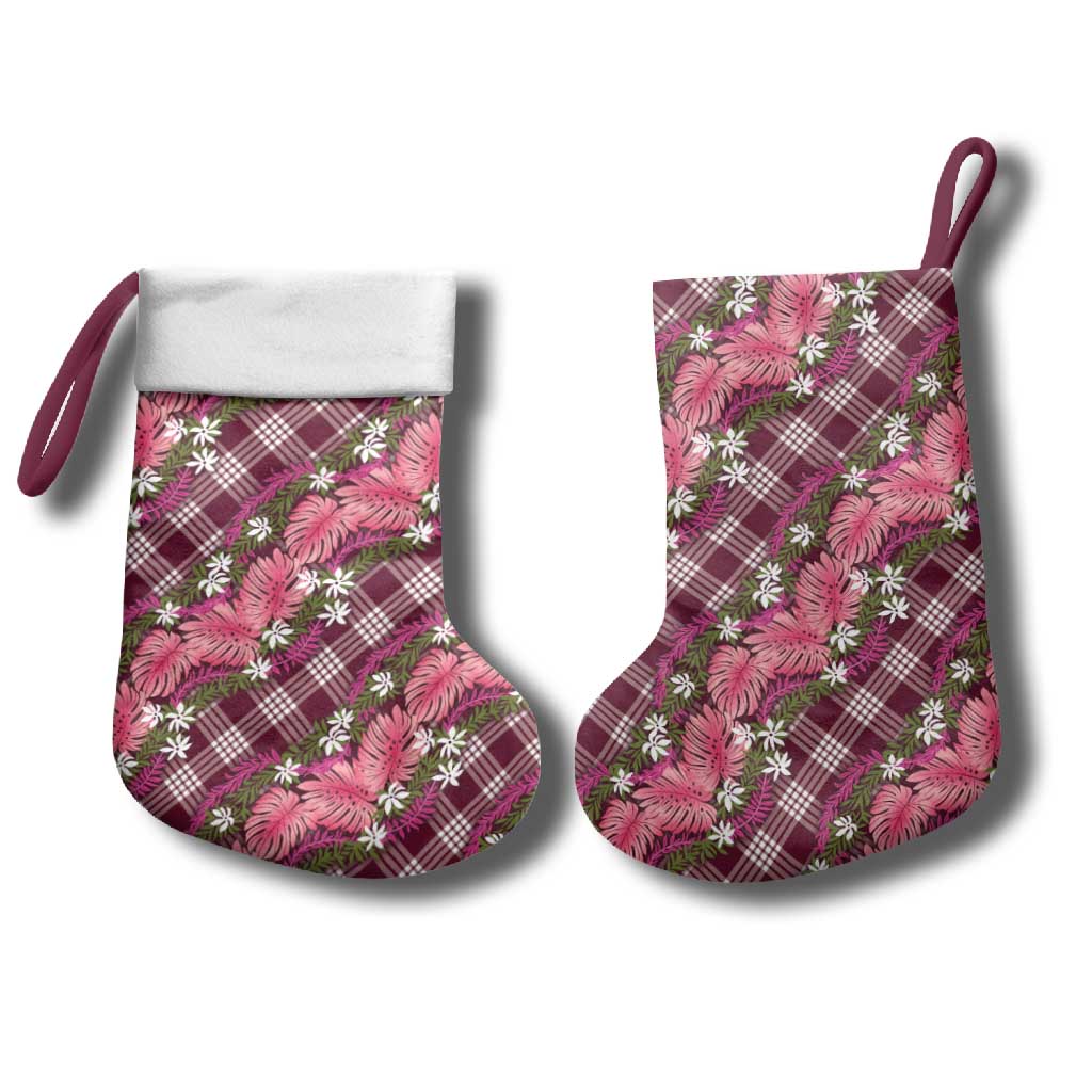Polynesian Monstera Tiare Floral Christmas Stocking Fuchsia Tropical Plaid - Polynesian Pride