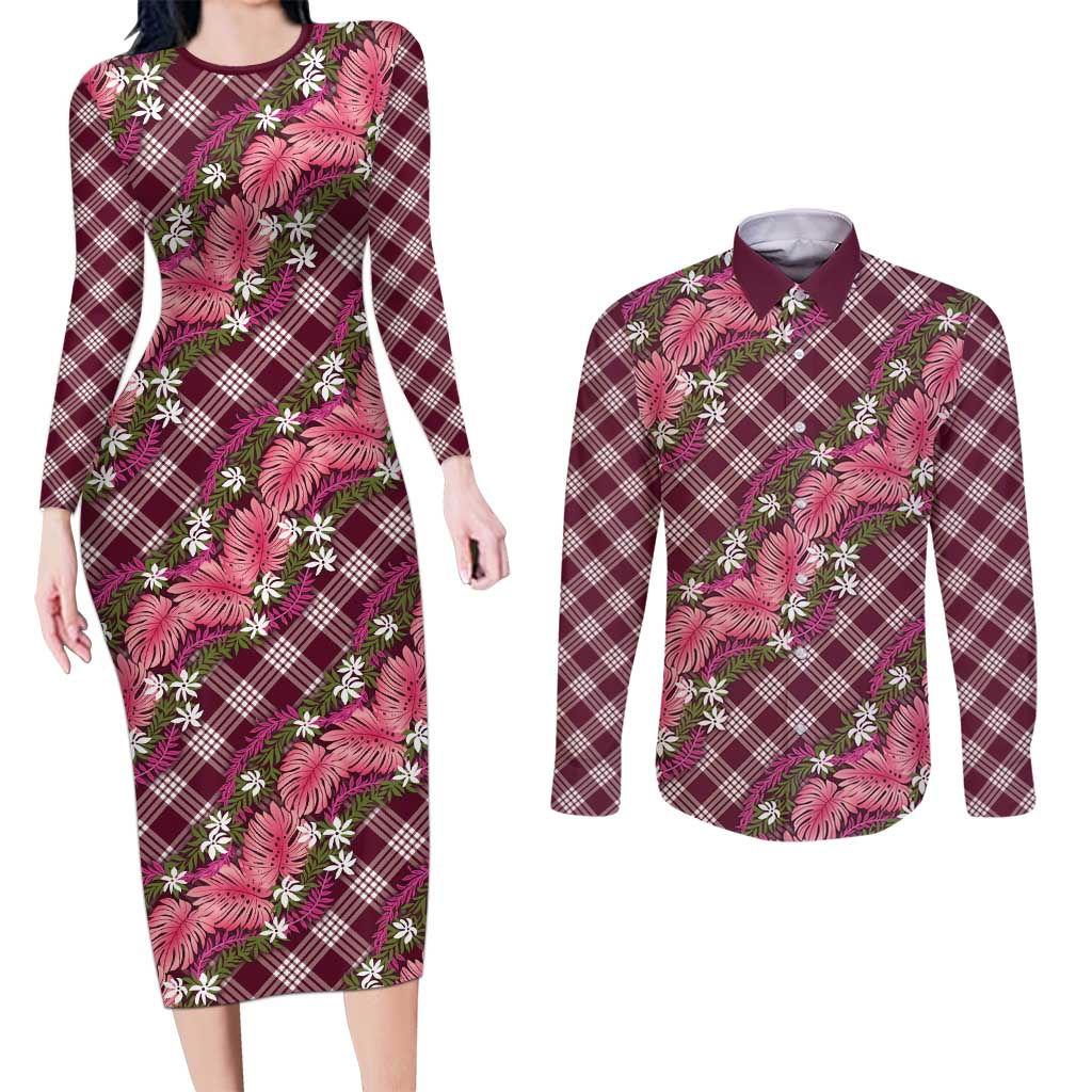 Polynesian Monstera Tiare Floral Couples Matching Long Sleeve Bodycon Dress and Long Sleeve Button Shirt Fuchsia Tropical Plaid LT01 Pink - Polynesian Pride