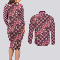 Polynesian Monstera Tiare Floral Couples Matching Long Sleeve Bodycon Dress and Long Sleeve Button Shirt Fuchsia Tropical Plaid LT01 - Polynesian Pride