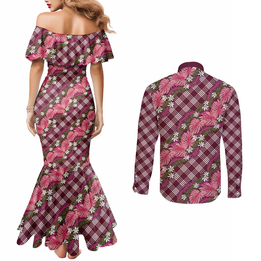 Polynesian Monstera Tiare Floral Couples Matching Mermaid Dress and Long Sleeve Button Shirt Fuchsia Tropical Plaid LT01 - Polynesian Pride