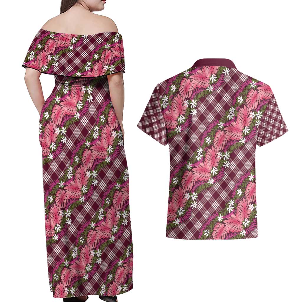 Polynesian Monstera Tiare Floral Couples Matching Off Shoulder Maxi Dress and Hawaiian Shirt Fuchsia Tropical Plaid LT01 - Polynesian Pride