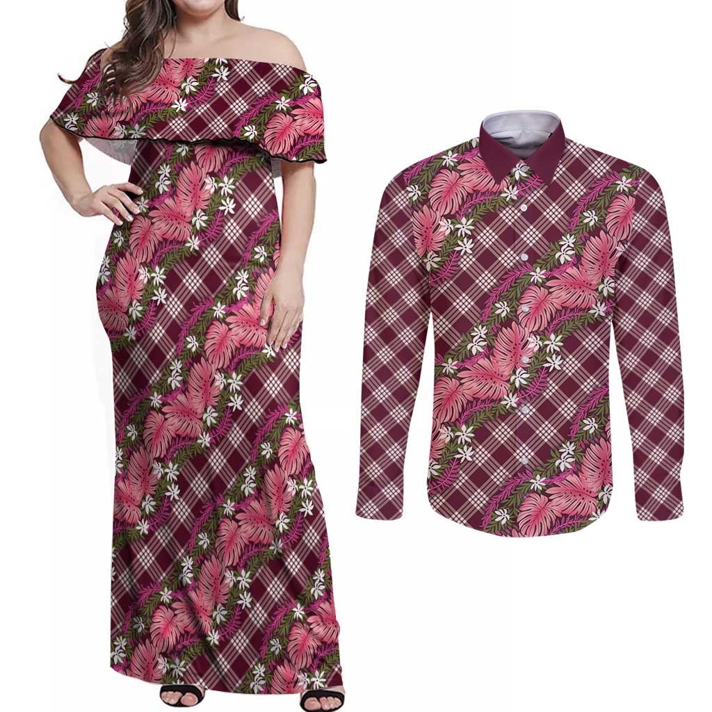 Polynesian Monstera Tiare Floral Couples Matching Off Shoulder Maxi Dress and Long Sleeve Button Shirt Fuchsia Tropical Plaid LT01 Pink - Polynesian Pride