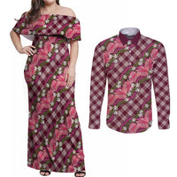 Polynesian Monstera Tiare Floral Couples Matching Off Shoulder Maxi Dress and Long Sleeve Button Shirt Fuchsia Tropical Plaid LT01 Pink - Polynesian Pride