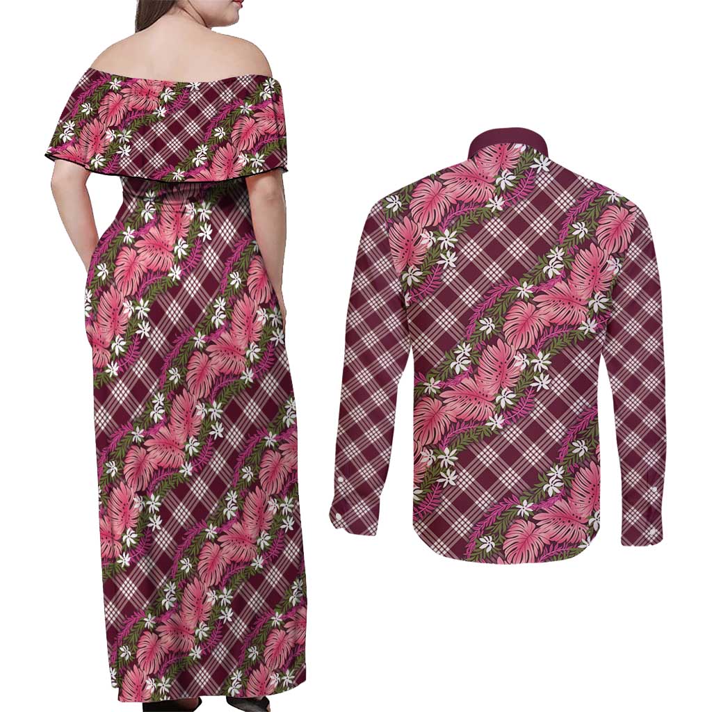 Polynesian Monstera Tiare Floral Couples Matching Off Shoulder Maxi Dress and Long Sleeve Button Shirt Fuchsia Tropical Plaid LT01 - Polynesian Pride