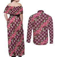 Polynesian Monstera Tiare Floral Couples Matching Off Shoulder Maxi Dress and Long Sleeve Button Shirt Fuchsia Tropical Plaid LT01 - Polynesian Pride