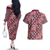 Polynesian Monstera Tiare Floral Couples Matching Off The Shoulder Long Sleeve Dress and Hawaiian Shirt Fuchsia Tropical Plaid LT01 - Polynesian Pride