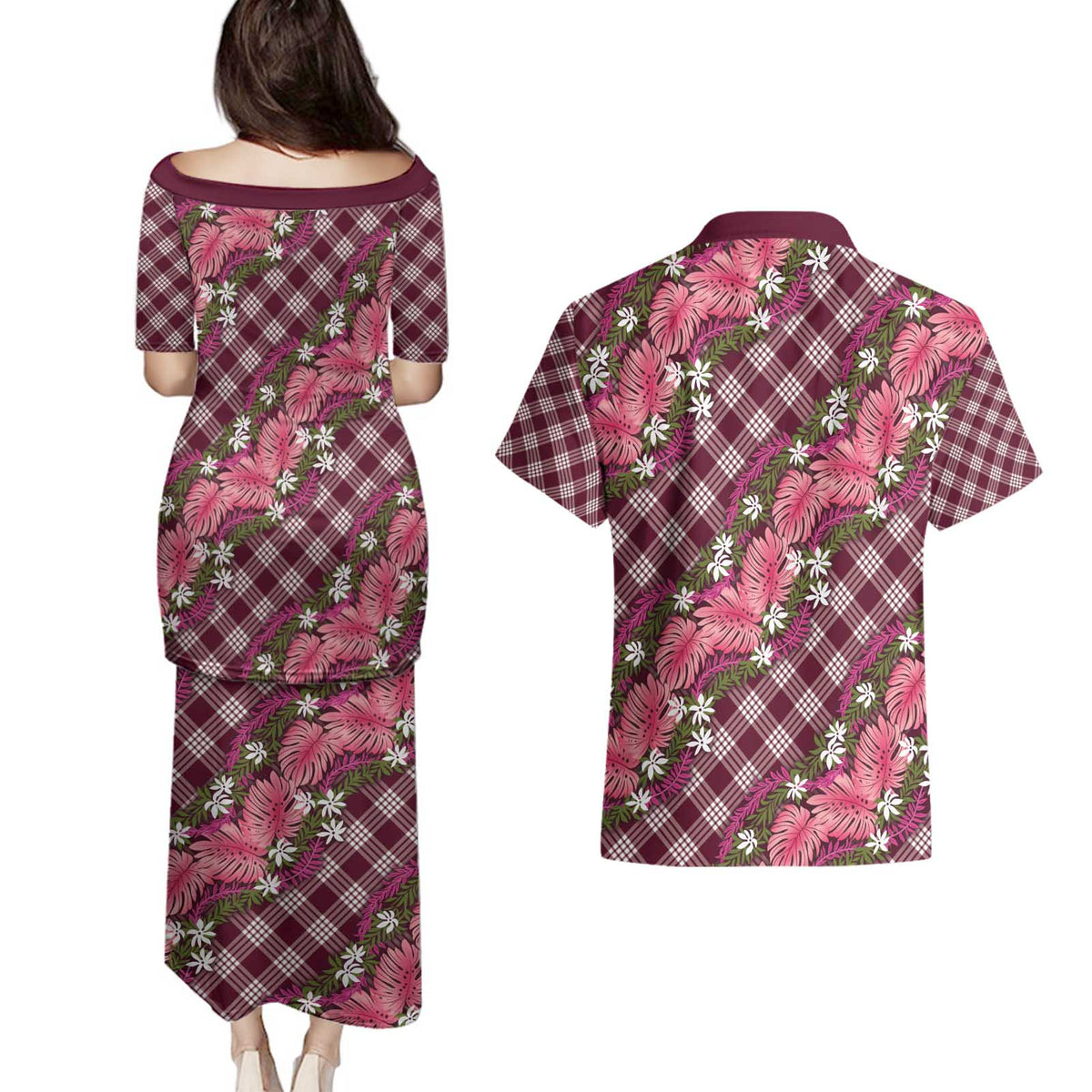 Polynesian Monstera Tiare Floral Couples Matching Puletasi and Hawaiian Shirt Fuchsia Tropical Plaid LT01 - Polynesian Pride