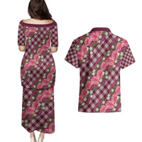 Polynesian Monstera Tiare Floral Couples Matching Puletasi and Hawaiian Shirt Fuchsia Tropical Plaid LT01 - Polynesian Pride