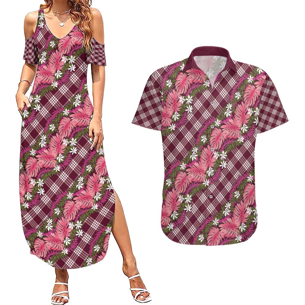 Polynesian Monstera Tiare Floral Couples Matching Summer Maxi Dress and Hawaiian Shirt Fuchsia Tropical Plaid LT01 Pink - Polynesian Pride