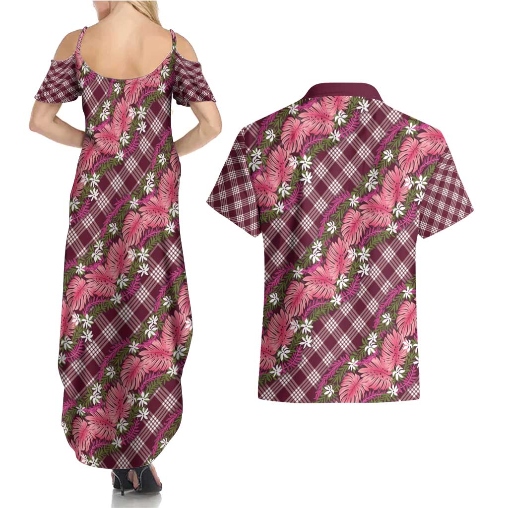 Polynesian Monstera Tiare Floral Couples Matching Summer Maxi Dress and Hawaiian Shirt Fuchsia Tropical Plaid LT01 - Polynesian Pride