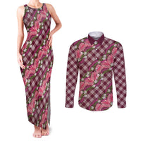 Polynesian Monstera Tiare Floral Couples Matching Tank Maxi Dress and Long Sleeve Button Shirt Fuchsia Tropical Plaid LT01 Pink - Polynesian Pride