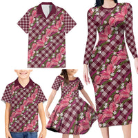 Polynesian Monstera Tiare Floral Family Matching Long Sleeve Bodycon Dress and Hawaiian Shirt Fuchsia Tropical Plaid LT01 - Polynesian Pride