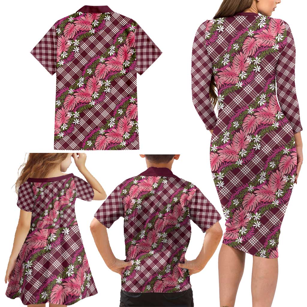 Polynesian Monstera Tiare Floral Family Matching Long Sleeve Bodycon Dress and Hawaiian Shirt Fuchsia Tropical Plaid LT01 - Polynesian Pride