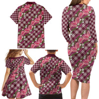 Polynesian Monstera Tiare Floral Family Matching Long Sleeve Bodycon Dress and Hawaiian Shirt Fuchsia Tropical Plaid LT01 - Polynesian Pride