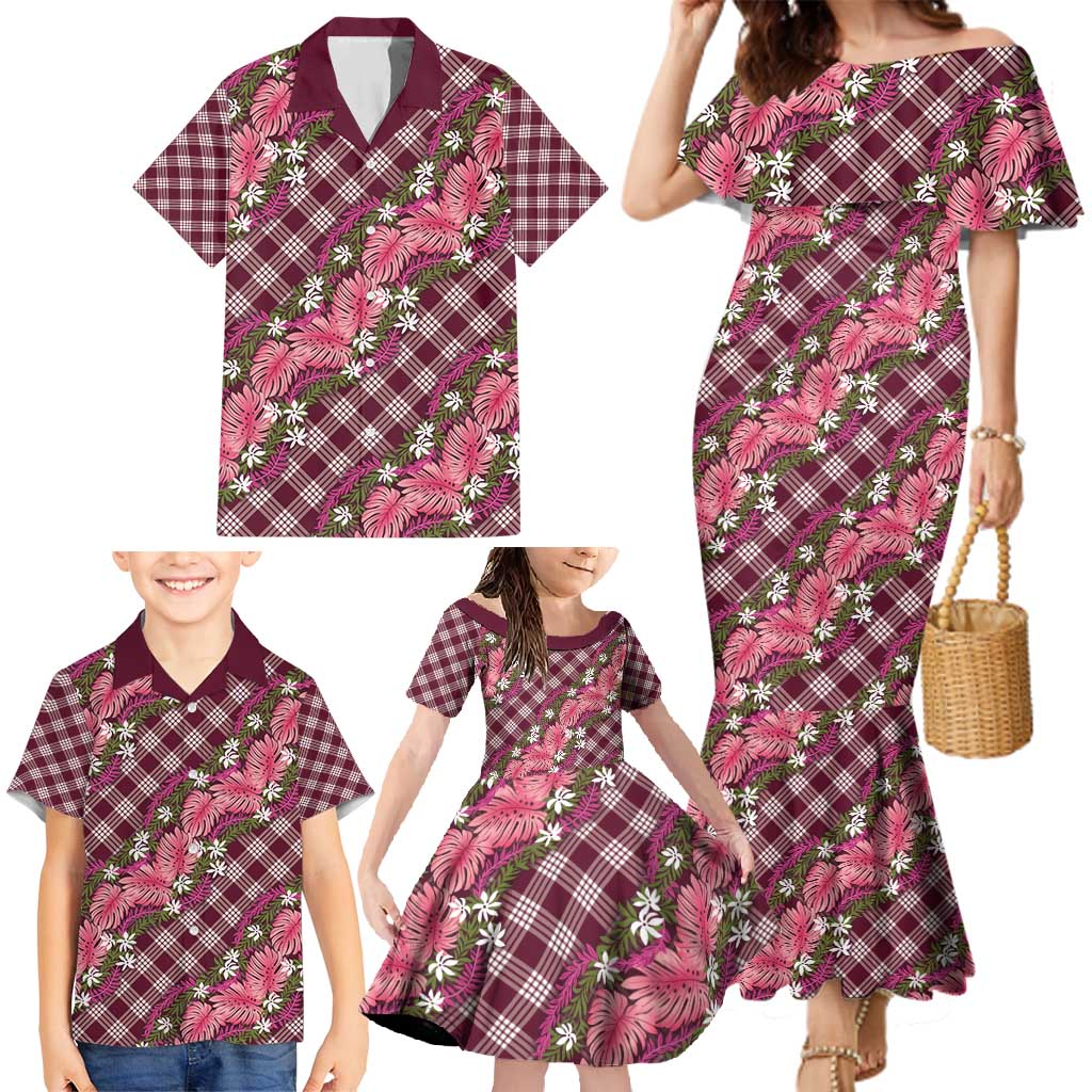 Polynesian Monstera Tiare Floral Family Matching Mermaid Dress and Hawaiian Shirt Fuchsia Tropical Plaid LT01 - Polynesian Pride