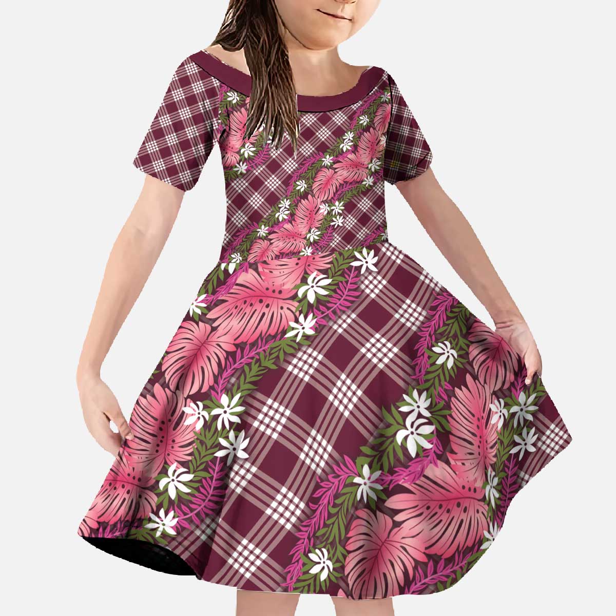 Polynesian Monstera Tiare Floral Family Matching Off The Shoulder Long Sleeve Dress and Hawaiian Shirt Fuchsia Tropical Plaid LT01 Daughter's Dress Pink - Polynesian Pride