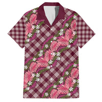 Polynesian Monstera Tiare Floral Family Matching Off The Shoulder Long Sleeve Dress and Hawaiian Shirt Fuchsia Tropical Plaid LT01 Dad's Shirt - Short Sleeve Pink - Polynesian Pride
