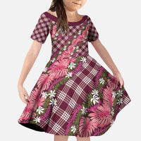 Polynesian Monstera Tiare Floral Family Matching Off Shoulder Maxi Dress and Hawaiian Shirt Fuchsia Tropical Plaid LT01 Daughter's Dress Pink - Polynesian Pride