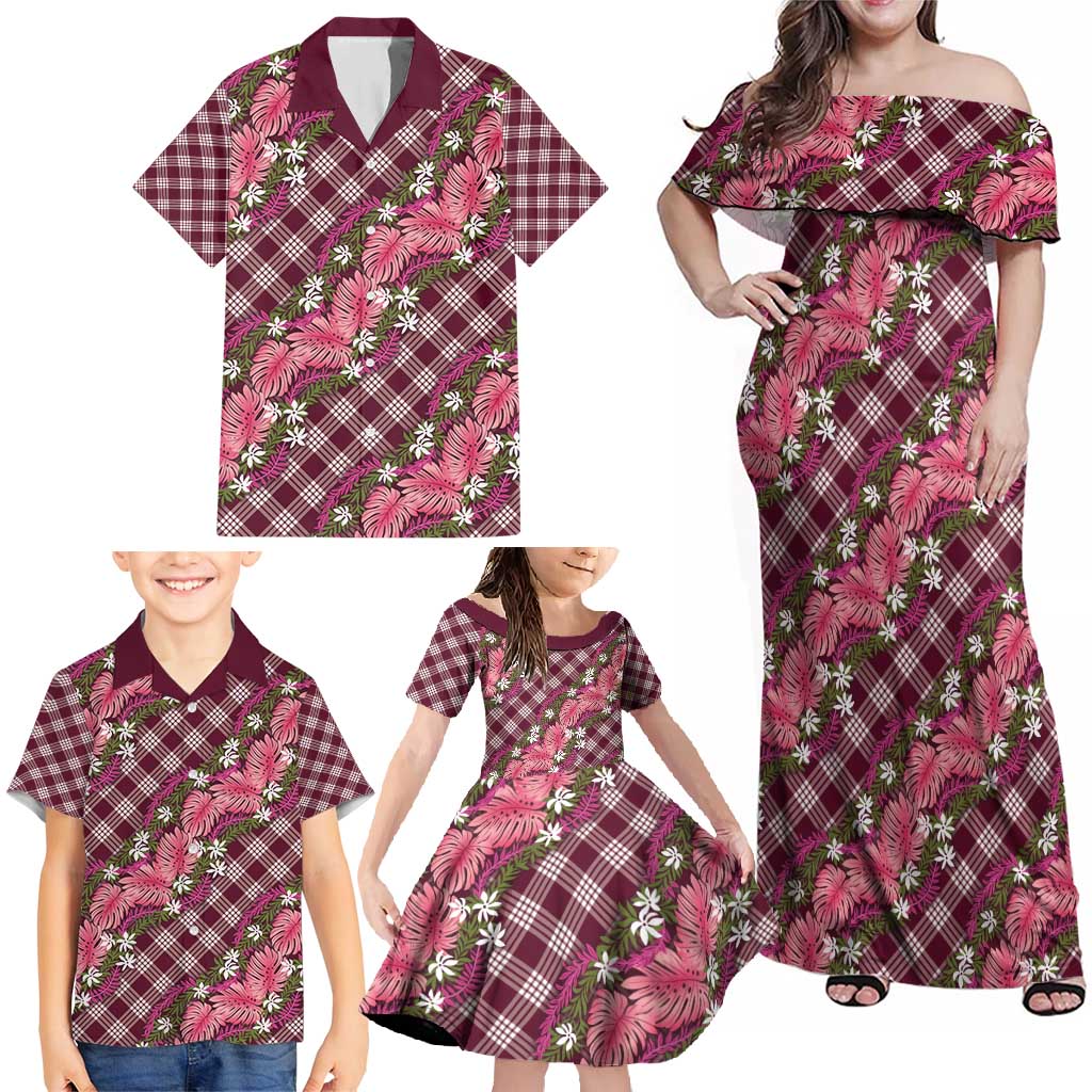 Polynesian Monstera Tiare Floral Family Matching Off Shoulder Maxi Dress and Hawaiian Shirt Fuchsia Tropical Plaid LT01 - Polynesian Pride