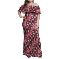 Polynesian Monstera Tiare Floral Family Matching Off Shoulder Maxi Dress and Hawaiian Shirt Fuchsia Tropical Plaid LT01 Mom's Dress Pink - Polynesian Pride