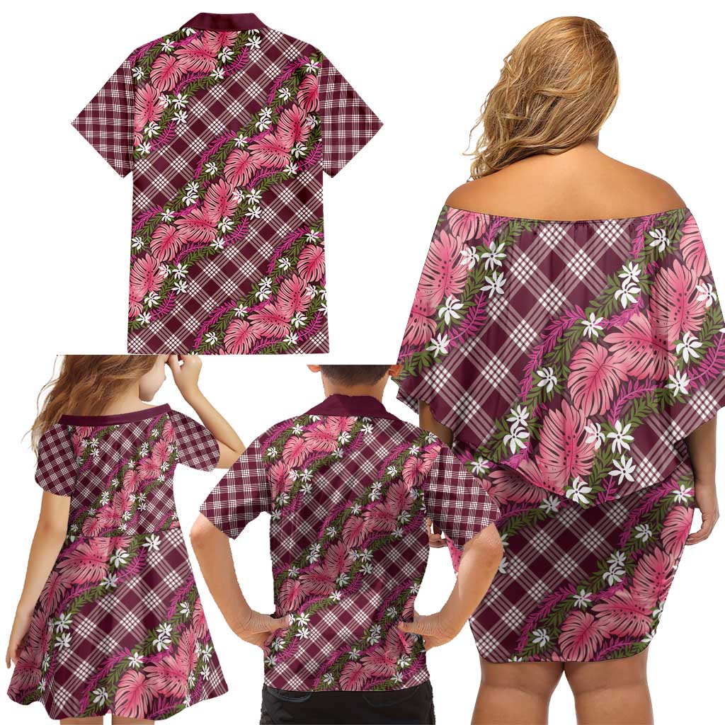 Polynesian Monstera Tiare Floral Family Matching Off Shoulder Short Dress and Hawaiian Shirt Fuchsia Tropical Plaid LT01 - Polynesian Pride