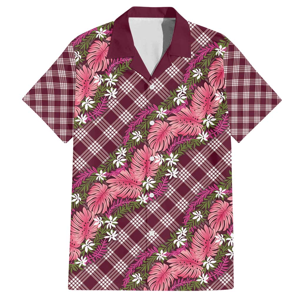 Polynesian Monstera Tiare Floral Family Matching Off Shoulder Short Dress and Hawaiian Shirt Fuchsia Tropical Plaid LT01 Dad's Shirt - Short Sleeve Pink - Polynesian Pride