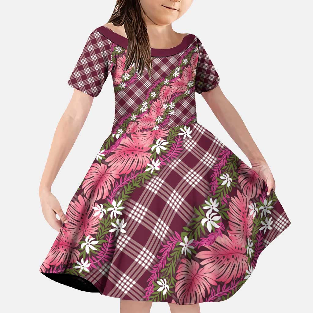 Polynesian Monstera Tiare Floral Family Matching Short Sleeve Bodycon Dress and Hawaiian Shirt Fuchsia Tropical Plaid LT01 Daughter's Dress Pink - Polynesian Pride