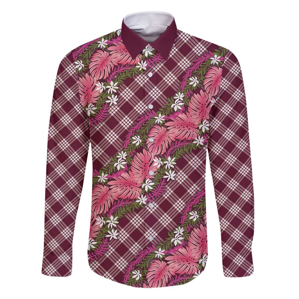 Polynesian Monstera Tiare Floral Family Matching Short Sleeve Bodycon Dress and Hawaiian Shirt Fuchsia Tropical Plaid LT01 Dad's Shirt - Long Sleeve Pink - Polynesian Pride
