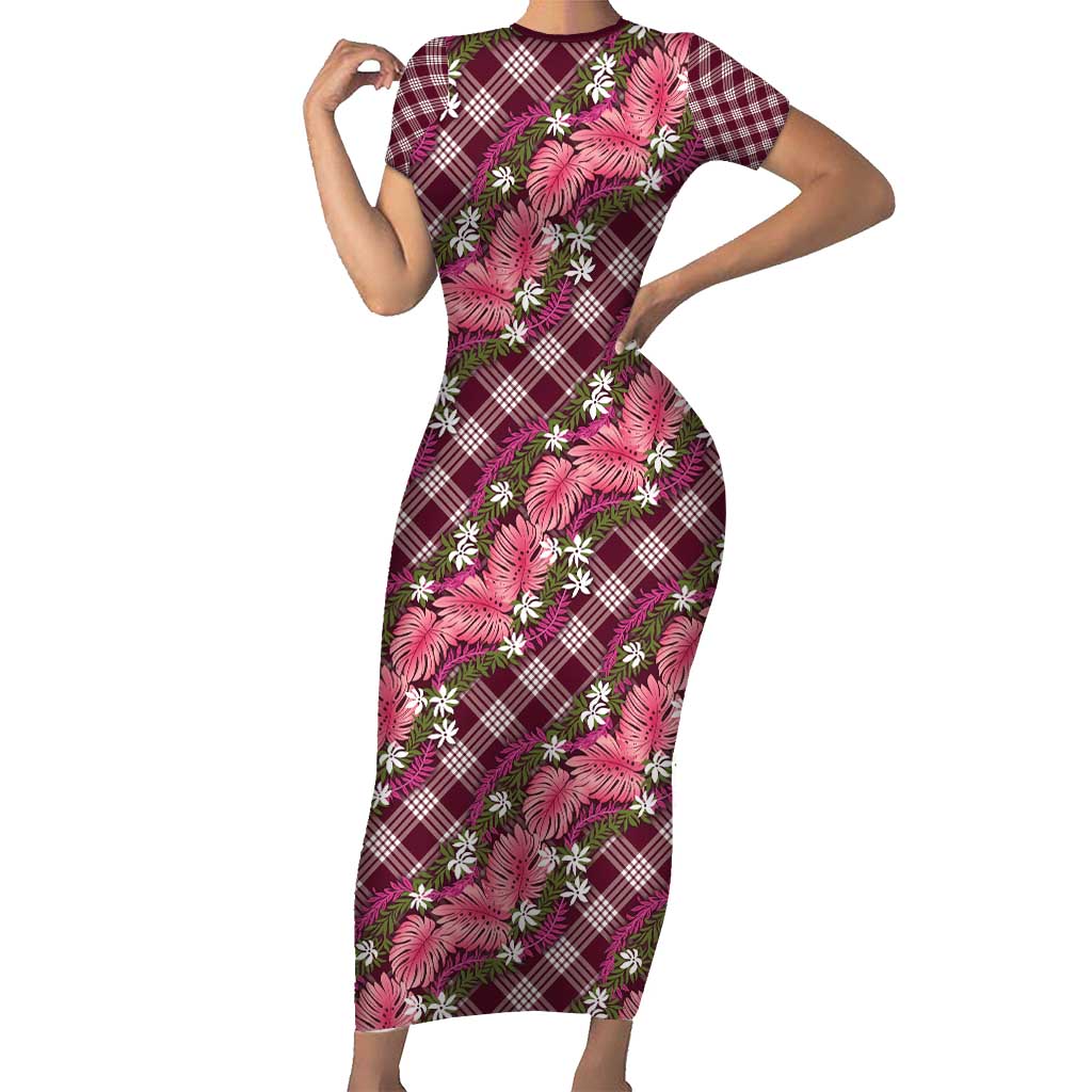 Polynesian Monstera Tiare Floral Family Matching Short Sleeve Bodycon Dress and Hawaiian Shirt Fuchsia Tropical Plaid LT01 Mom's Dress Pink - Polynesian Pride