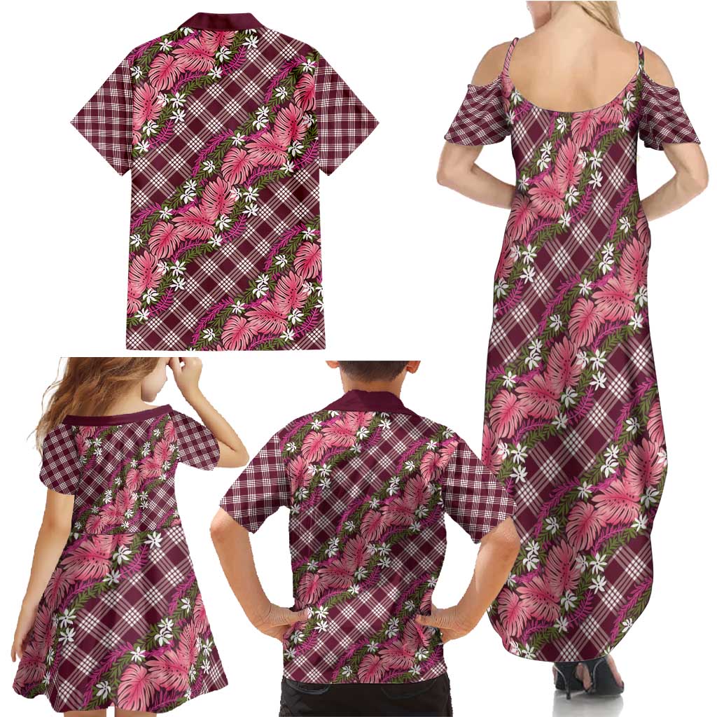 Polynesian Monstera Tiare Floral Family Matching Summer Maxi Dress and Hawaiian Shirt Fuchsia Tropical Plaid LT01 - Polynesian Pride