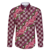 Polynesian Monstera Tiare Floral Family Matching Tank Maxi Dress and Hawaiian Shirt Fuchsia Tropical Plaid LT01 Dad's Shirt - Long Sleeve Pink - Polynesian Pride