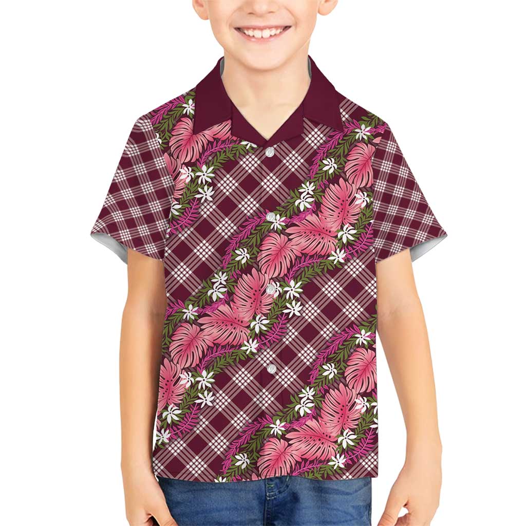 Polynesian Monstera Tiare Floral Family Matching Tank Maxi Dress and Hawaiian Shirt Fuchsia Tropical Plaid LT01 Son's Shirt Pink - Polynesian Pride