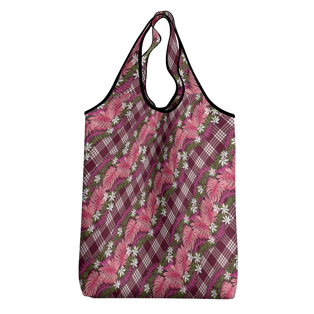 Polynesian Monstera Tiare Floral Grocery Bag Fuchsia Tropical Plaid - Polynesian Pride