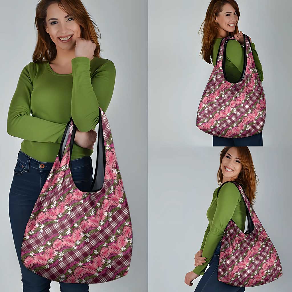 Polynesian Monstera Tiare Floral Grocery Bag Fuchsia Tropical Plaid - Polynesian Pride