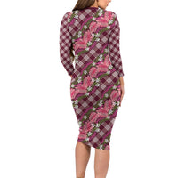 Polynesian Monstera Tiare Floral Long Sleeve Bodycon Dress Fuchsia Tropical Plaid - Polynesian Pride