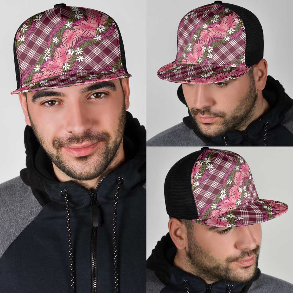 Polynesian Monstera Tiare Floral Mesh Trucker Cap Fuchsia Tropical Plaid LT01 - Polynesian Pride