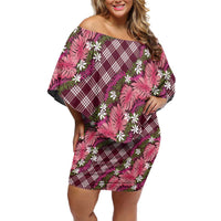 Polynesian Monstera Tiare Floral Off Shoulder Short Dress Fuchsia Tropical Plaid LT01 Women Pink - Polynesian Pride
