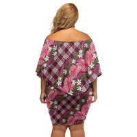 Polynesian Monstera Tiare Floral Off Shoulder Short Dress Fuchsia Tropical Plaid LT01 - Polynesian Pride