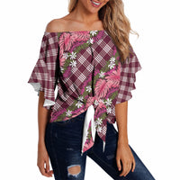 Polynesian Monstera Tiare Floral Off Shoulder Wrap Waist Top Fuchsia Tropical Plaid LT01 - Polynesian Pride