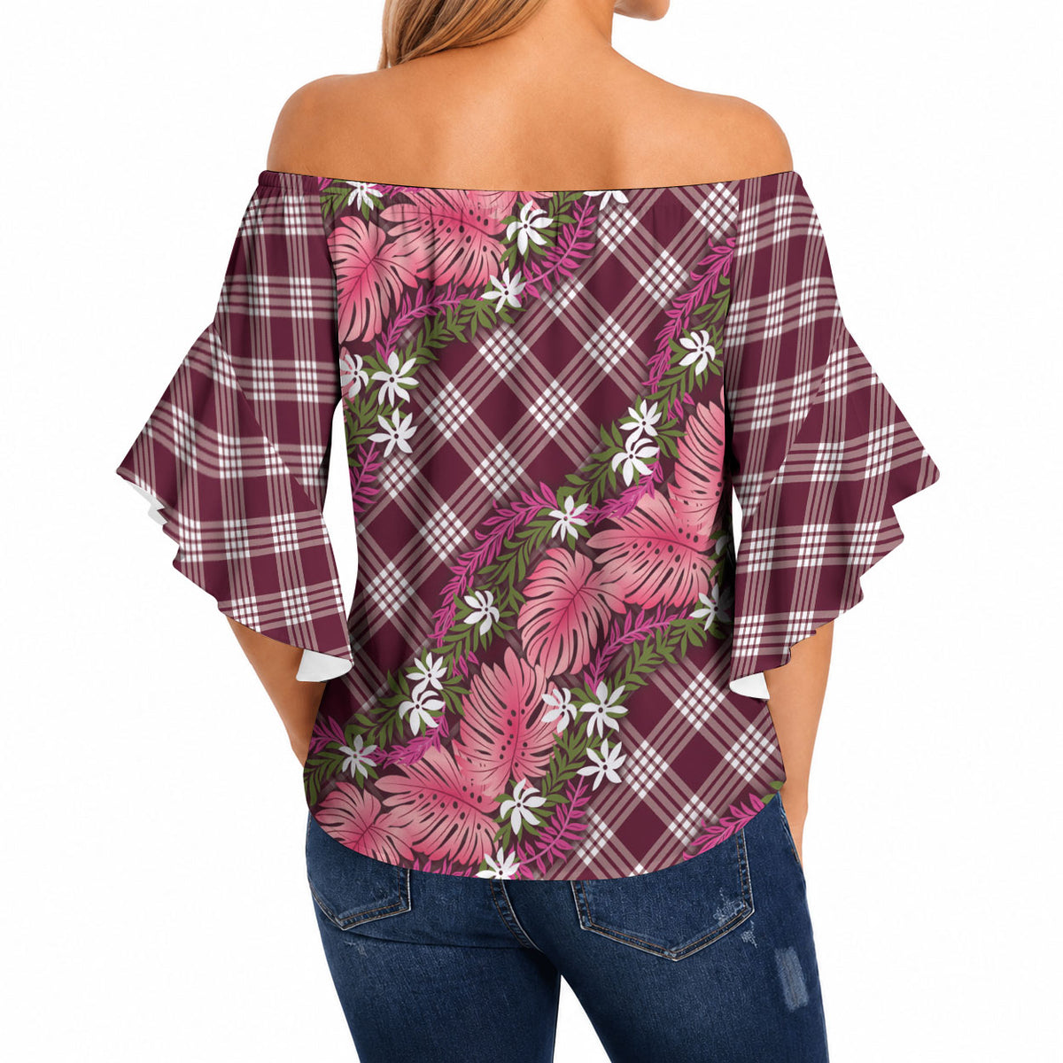 Polynesian Monstera Tiare Floral Off Shoulder Wrap Waist Top Fuchsia Tropical Plaid LT01 - Polynesian Pride