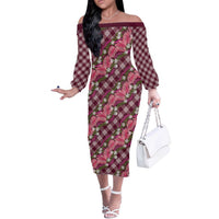 Polynesian Monstera Tiare Floral Off The Shoulder Long Sleeve Dress Fuchsia Tropical Plaid - Polynesian Pride
